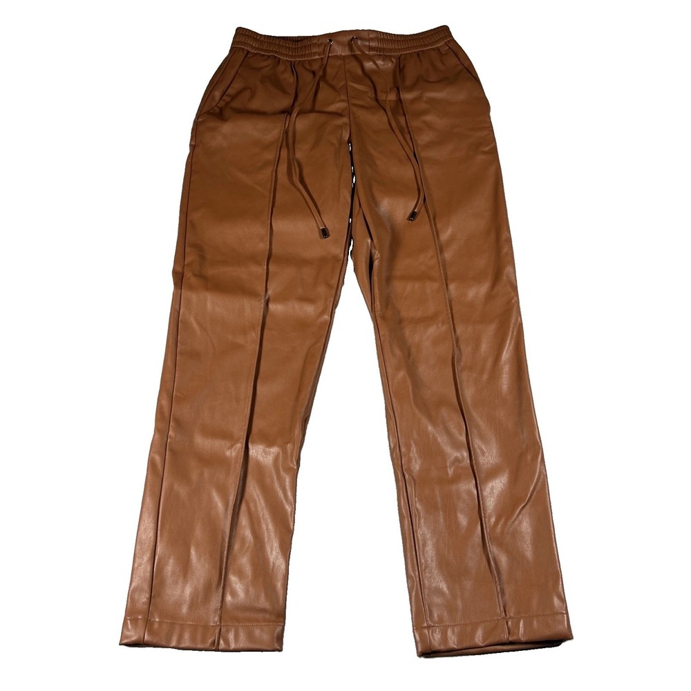 Nine West Mid-Rise Pull-On Faux-Leather Joggers In Maple Brown Sz XS